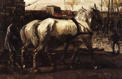 Two White Horses Pulling Posts in Amsterdam, George-Hendrik Breitner